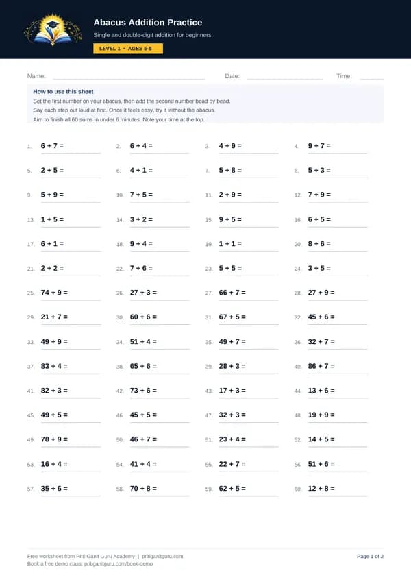 Preview of Abacus Addition Practice — Level 1