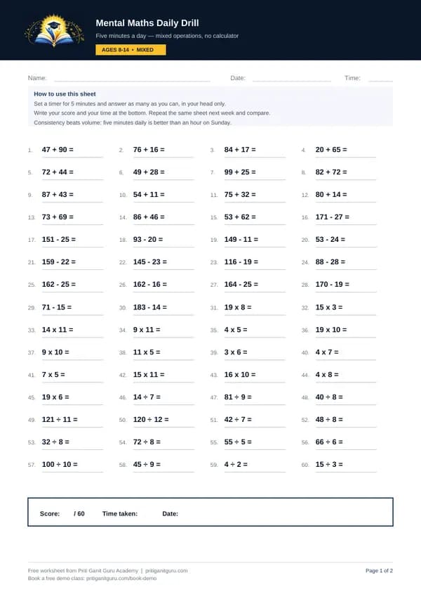 Preview of Mental Maths Daily Drill